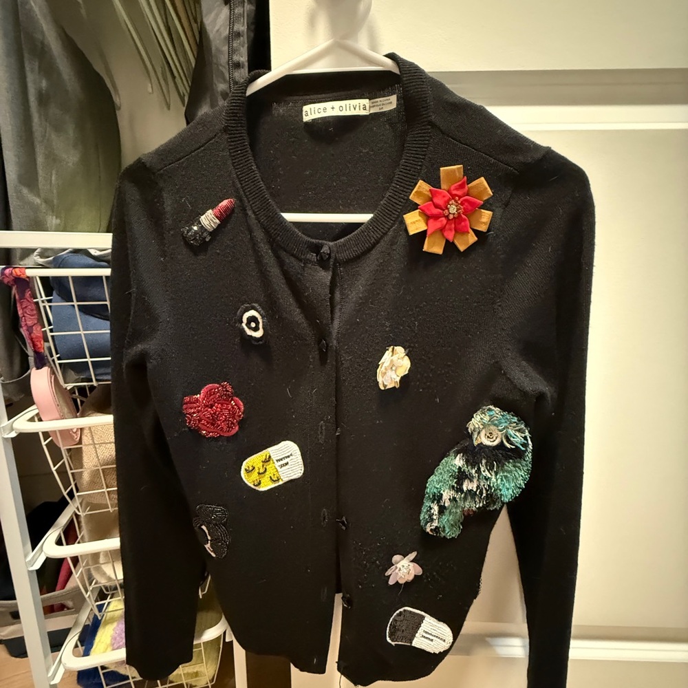 Alice + Olivia Black Cardigan with Colorful Patches